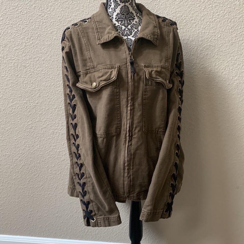 Free People Khaki Olive Green Brown Lace Up Utility Jacket Military Inspired